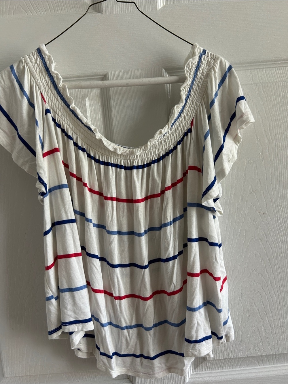 SO White Off-Shoulder Top with Blue and Red Stripes
